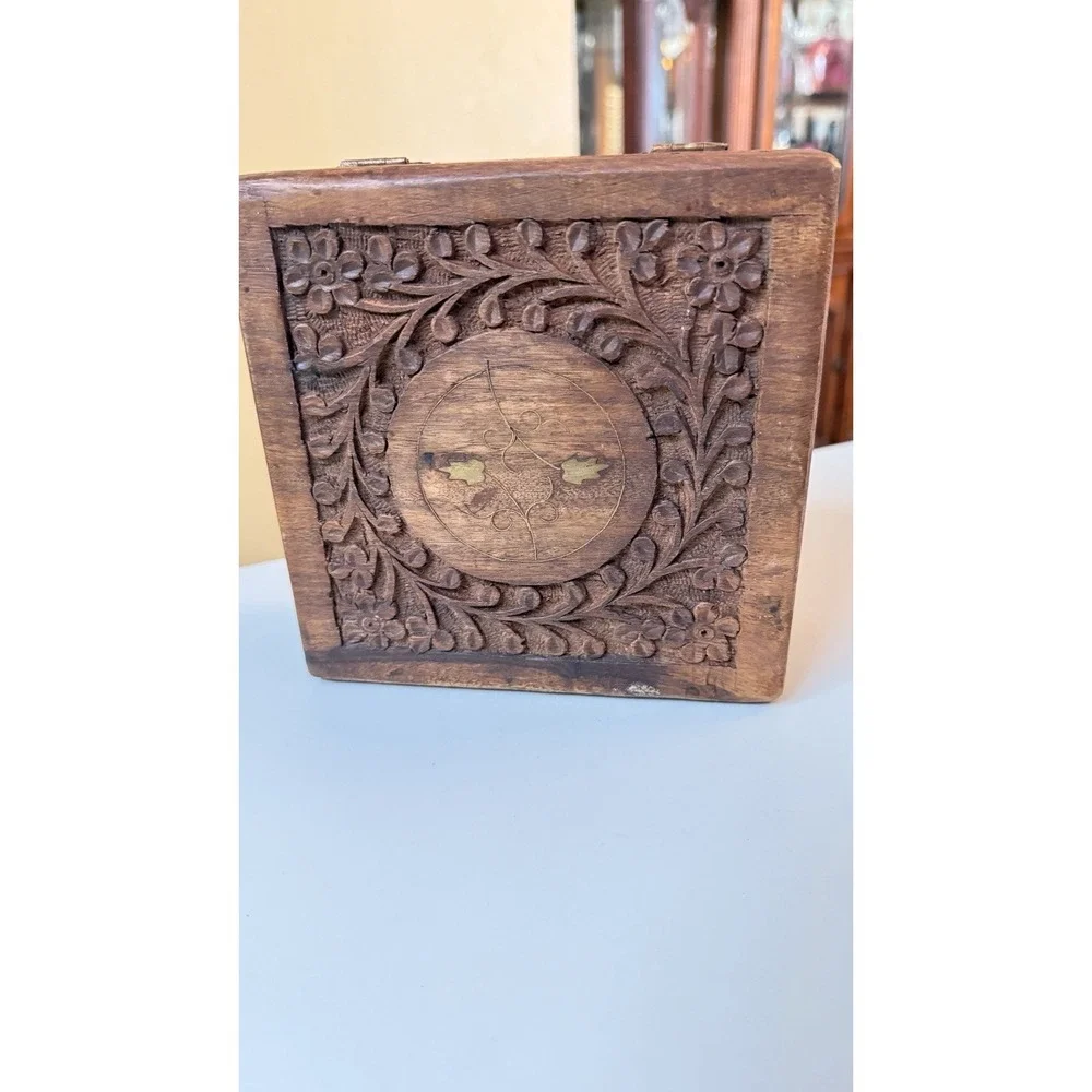 Vintage Hand Carved Wood Jewelry Trinket Box Floral India 7x5 Rustic